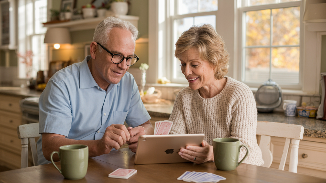 An older couple playing a solitaire card game on a tablet at a sunny kitchen table, with a deck of cards nearby